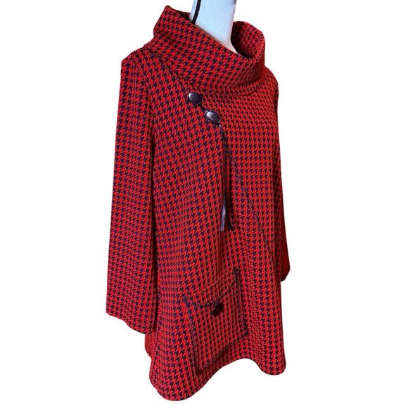 NWT Calessa Womens Stretch Knit Houndstooth Cowl Neck Tunic Top Size L Red Black - Picture 3 of 16